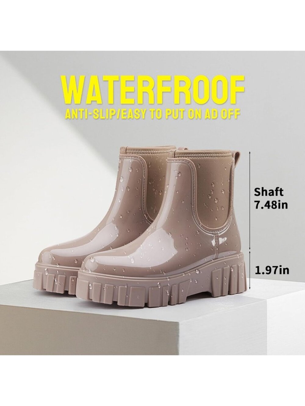 Women's Brown Comfortable Platform Rubber Chelsea Ankle Garden Short Rain Boots - Picture 5 of 5